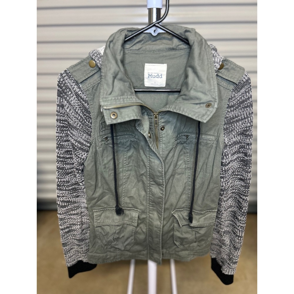 Mudd Jacket Women Small Olive Mudd Knit Sleeve Utility Military Mixed Media Hood